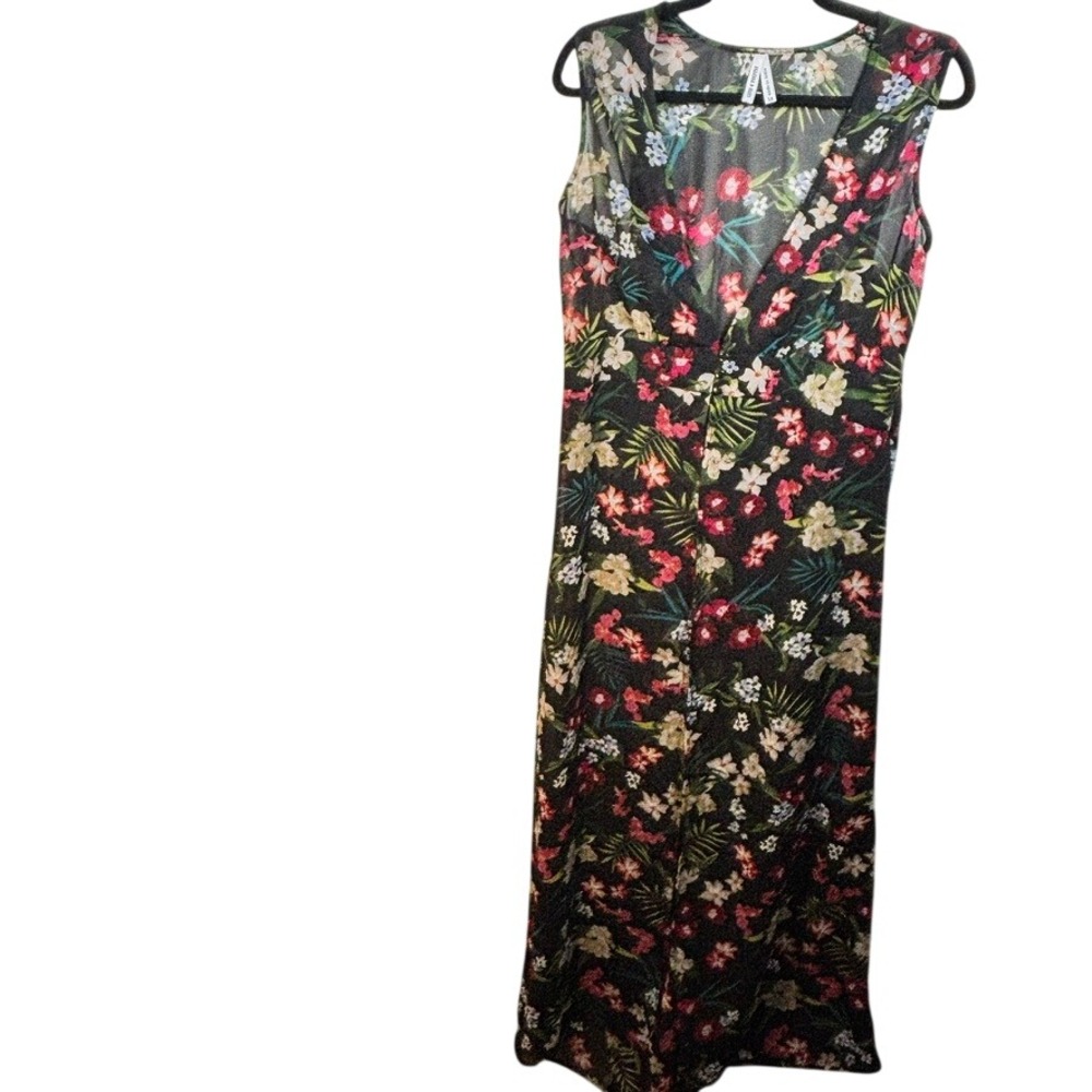 Sheer Floral Maxi Swim Coverup Sz 1X Black Sleeveless V-Neck Tropical Open Dress